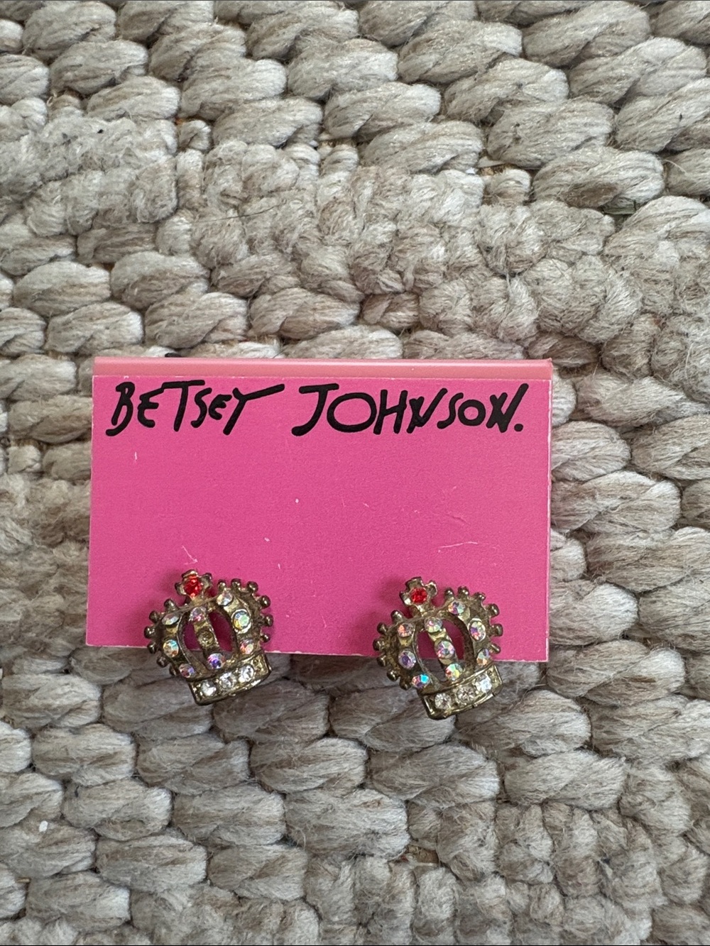 Betsey Johnson Gold Crown Stud Earrings with Pink & Multicolor Stones
